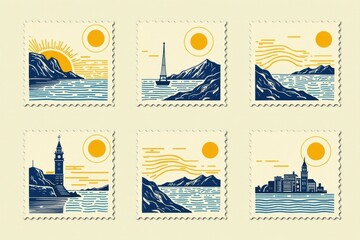set of vintage postage stamps, tropical island travel theme, minimal flat illustration