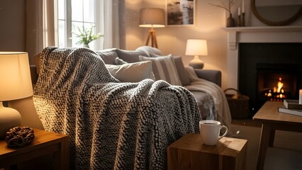 Cozy living room with blanket, cup of coffee, and warm fireplace on a snowy day