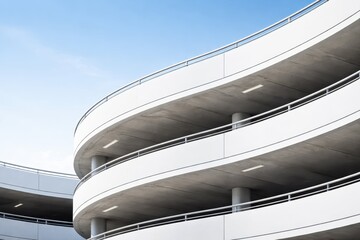 Contemporary multi level car parking building featuring smooth curved concrete ramps and clean architectural lines, representing efficient urban mobility, infrastructure planning, and modern parking.