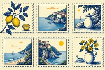 set of six vintage postage stamps in one cohesive collection, sicilia and amalfi coast travel 