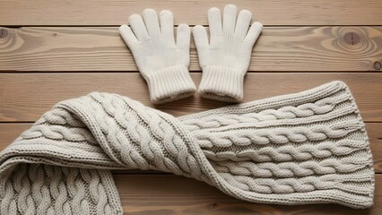 Cozy cream knitwear set with gloves and scarf on wooden background