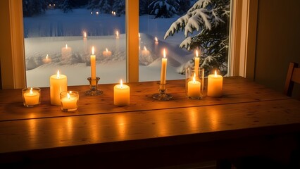Cozy winter scene with candles on a wooden table by snowy window