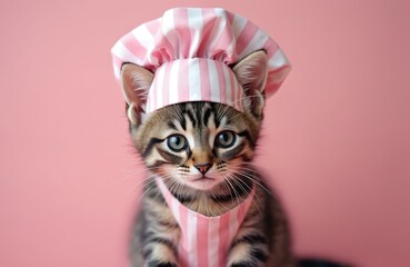 Tabby kitten wears pink striped chef hat and apron. Little cat looks like cook preparing food in kitchen. Cute pet character for culinary themes.