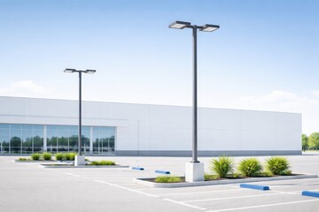 A wide open retail car parking area with clear white space markings, yellow wheel stops, and tall light poles, designed for safe vehicle access and organized urban parking flow.