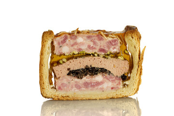 tranche de p&acirc;t&eacute; en croute sur fond blanc avec reflet

