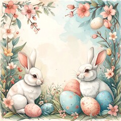 Easter Bunny Illustration with Eggs and Flowers.
