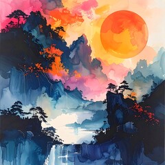Vibrant Watercolor Painting of Mountain Landscape.