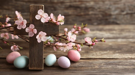 Wooden Cross with Cherry Blossoms and Pastel Easter Eggs on Rustic Table, Christian Easter Concept