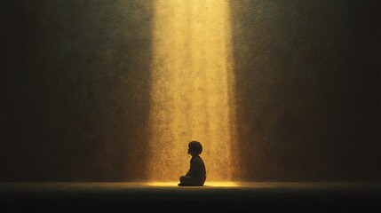 a beam of golden light descending from above, surrounding a sitting child silhouette, emotional calmness, symbolic composition, warm fine art tone — v 7 