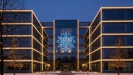 Modern office building adorned with festive snowflake lights at dusk