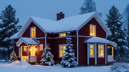 Cozy snow covered red house with warm lights in winter forest