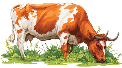 Funny Cartoon Cow Eating Grass with Outline Isolated on White Background