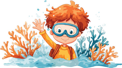 Adorable Boy Snorkeling and Waving Vector Illustration on White Background
