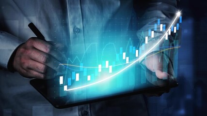 A businessperson engages with a digital tablet, analyzing financial trends displayed through vibrant graphs and charts, representing market growth in a professional environment. Copula