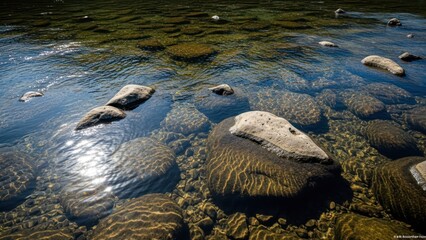 Clear water flows over smooth, rounded rocks in a sunny riverbed. Sunlight reflects