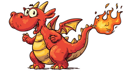 Cute Fire Dragon Cartoon Waving Vector with Outline Isolated