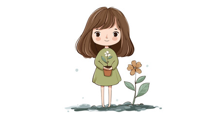 Adorable Young Girl with Floral Plant on White Background Vector Illustration