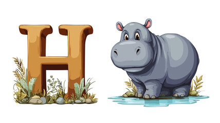 Cute Hippo Cartoon and Letter H Vector Design with Outline for Kids