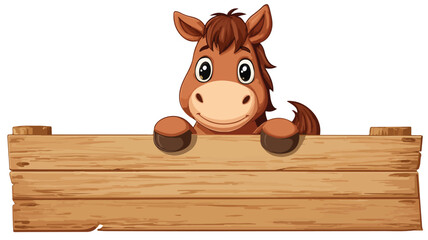 Adorable Cartoon Horse with Wooden Sign: Fun and Playful Animal Character Illustration