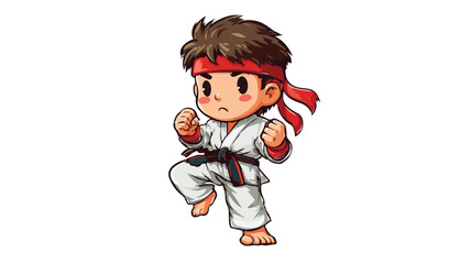 Cute Karate Kid Cartoon Vector with Outline Isolated on White