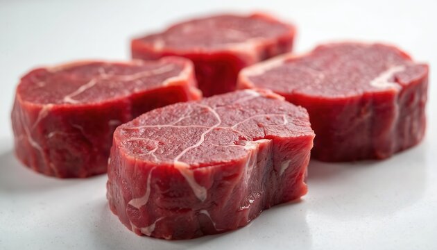 Four raw venison steaks sit on white surface. The red meat has visible white marbling. These fresh cuts are ready for cooking. Prepare a gourmet meal at home.