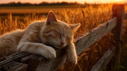 Sleeping cat rests peacefully on a wooden fence at sunset in a rural setting