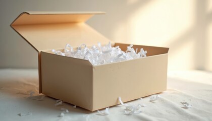 Open beige box filled with white shredded paper. Ready for contents. Minimalist packaging detail suggests new purchase or gift unboxing. Neutral tones create clean look.