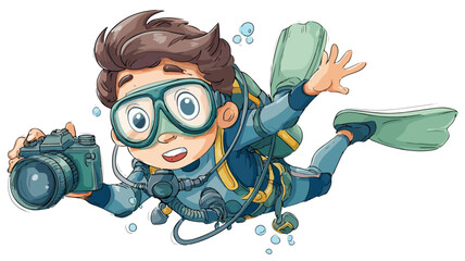 Professional Diver Boy Holding Camera on White Background Vector Illustration