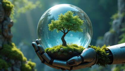 Robot hand cradles glass globe containing tree on mossy island. This image symbolizes eco friendly tech advancements for nature preservation and a greener future.