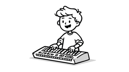 Joyful Young Musician Playing Synthesizer in Vector Illustration with Outline Isolated Design