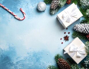 Christmas Gifts and Decorations on Blue Background.