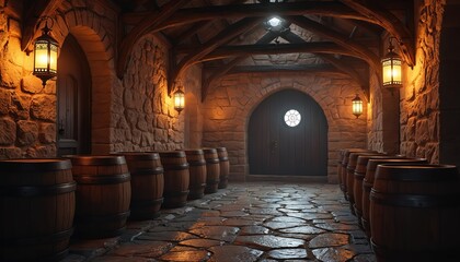 Obraz premium Old stone cellar with wooden barrels lined up against rough walls. Warm lanterns cast an inviting glow on the aged atmosphere. Rustic interior evokes a sense of history and tradition.
