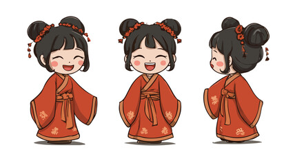 Smiling Chinese Girl Cartoon Vector with Outline Isolated on White Background