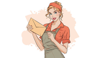 Professional Postgirl Posing and Holding Envelope Vector with Outline Isolated