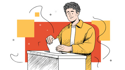 Young Man Voting Papers Ballot Box Vector Illustration