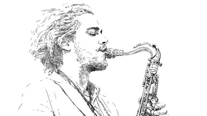 Young Man Playing Saxophone Vector Outline Isolated White Background