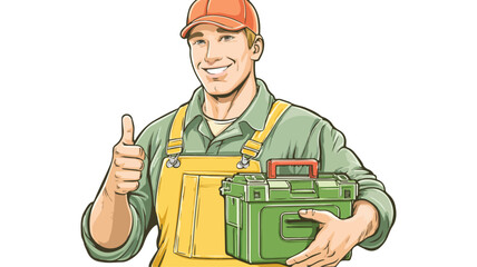 Young Repairman with Toolbox Giving Thumbs Up Vector Image