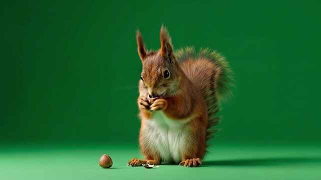 A red squirrel eating a nut on a green background