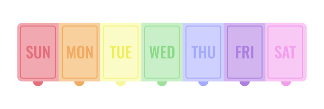 Color weekly pill organizer with days of week. Weekly pill organizer