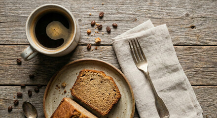 Top view of coffee and cake on textured wooden table