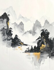 Serene Watercolor Landscape with Mountains and Trees.