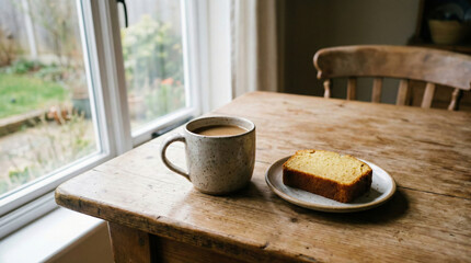 Still life with coffee and cake on rustic wooden table near window