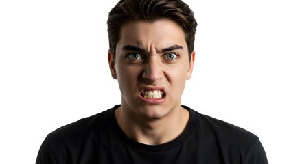 Fototapeta premium Young man expressing anger and frustration with a fierce facial expression.