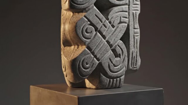 Stone sculpture with carved geometric patterns on a square metal base against a gray background