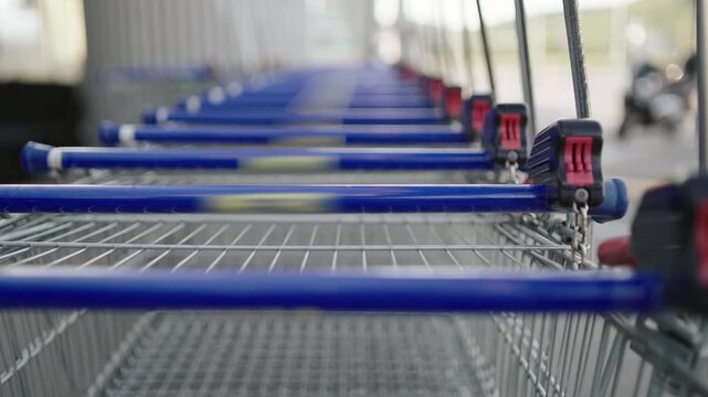 Row of Shopping Cart in Front of Supermarket Doorway for Customers Service, Empty Shopping Trolley in Front of Convenience Grocery Store. Business Commodity Retail and Customer Market Place