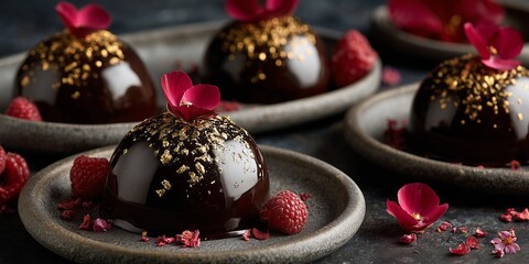 Chocolate mousse domes with glossy glaze and gold flakes sit on matte stone plates. Freeze-dried raspberries and a single rose petal add romantic intensity.