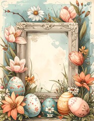 Easter Eggs and Flowers in Vintage Frame.