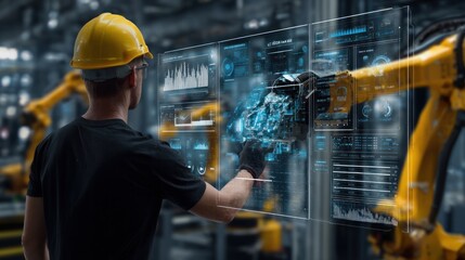 Engineer interacting with futuristic robotic system in industrial production