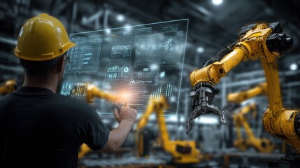 Factory worker using digital interface to control robotic arms in production