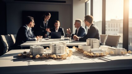 Business professionals meet over architectural models in a modern sunlit boardroom